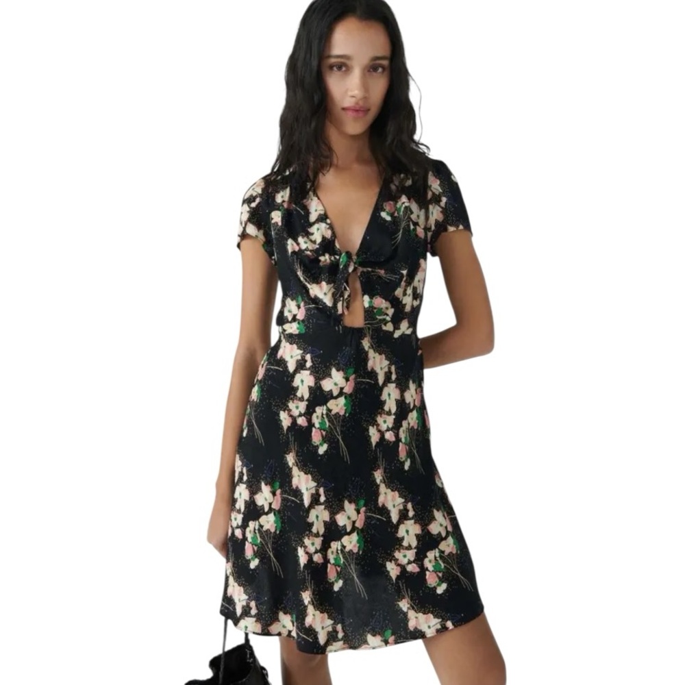 ba&sh Black Floral Mini Dress with Pink and Green Accents